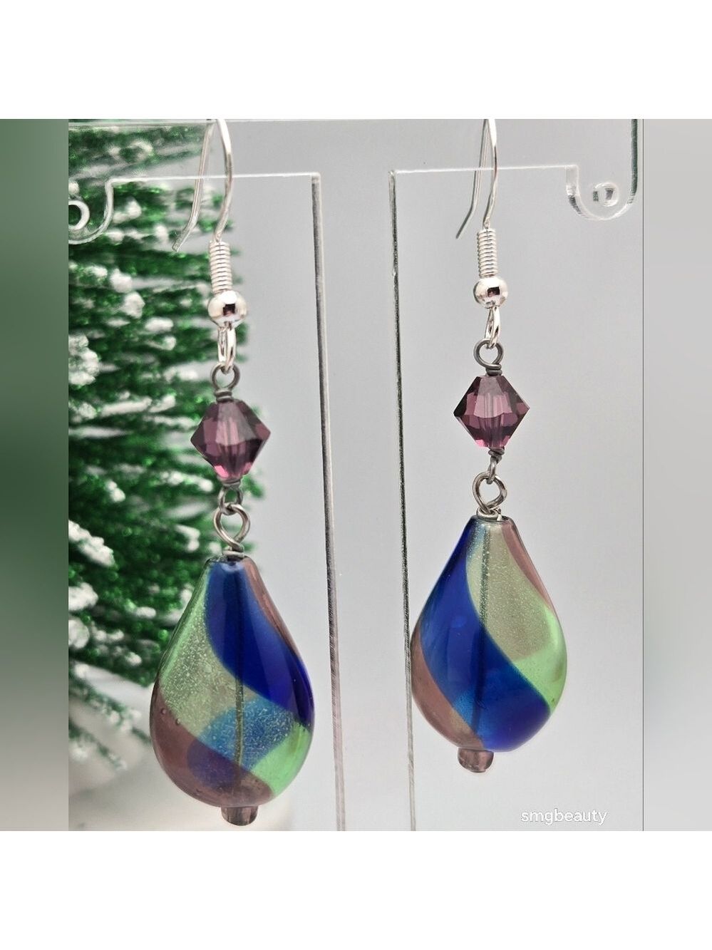 Vintage Hand-Blown Glass Dangle Earrings Sterling Silver Hooks Handmade Artisan